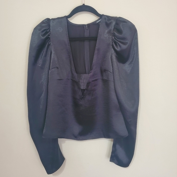 Satin puff sleeve express blouse size S low V-neck - Picture 1 of 8